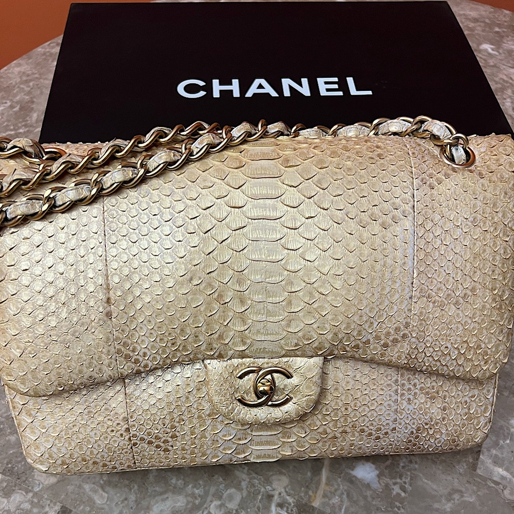 AUTHENTIC LIKE NEW LIMITED EDITION CHANEL CLASSIC IRIDESCENT PYTHON DOUBLE FLAP
